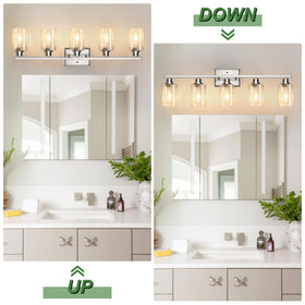 Ascher vanity light over mirror provides even illumination for grooming routines.