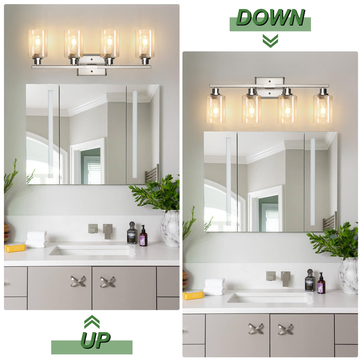 Ascher vanity light with upward or downward mounting for flexible layouts.
