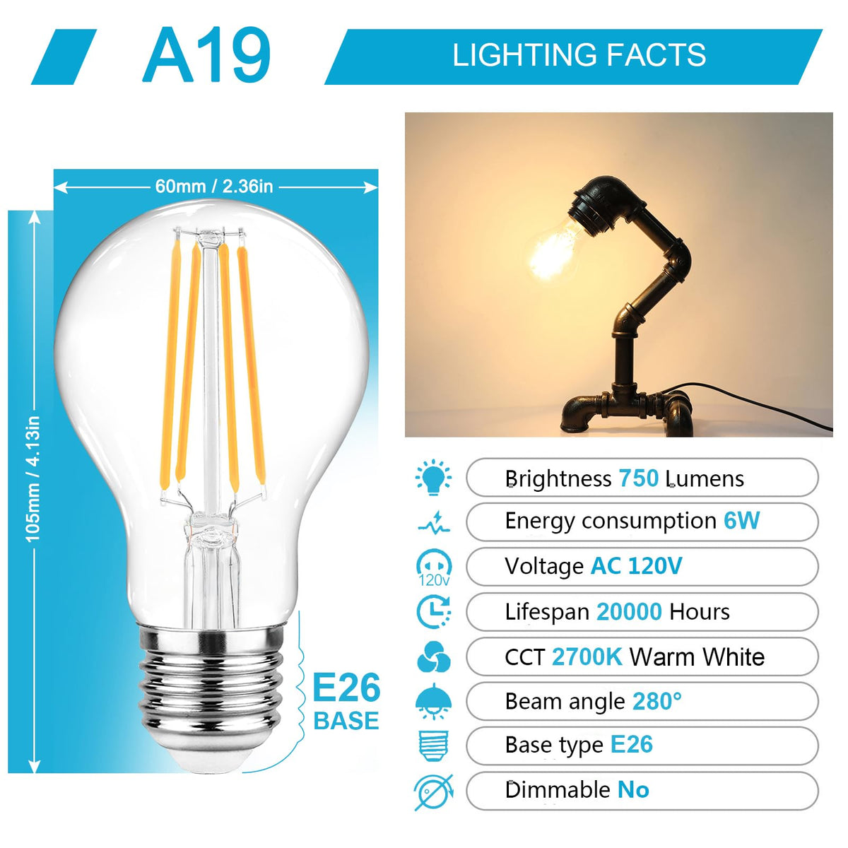 Ascher warm white 2700K LED filament, pack of six; creates cozy ambience.