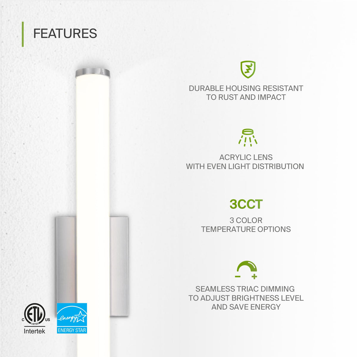 ASD 24-inch vanity light dimming range for daytime tasks to cozy evenings