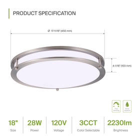 ASD LED 18-inch round flush mount nickel diffuser close-up showing even light spread.