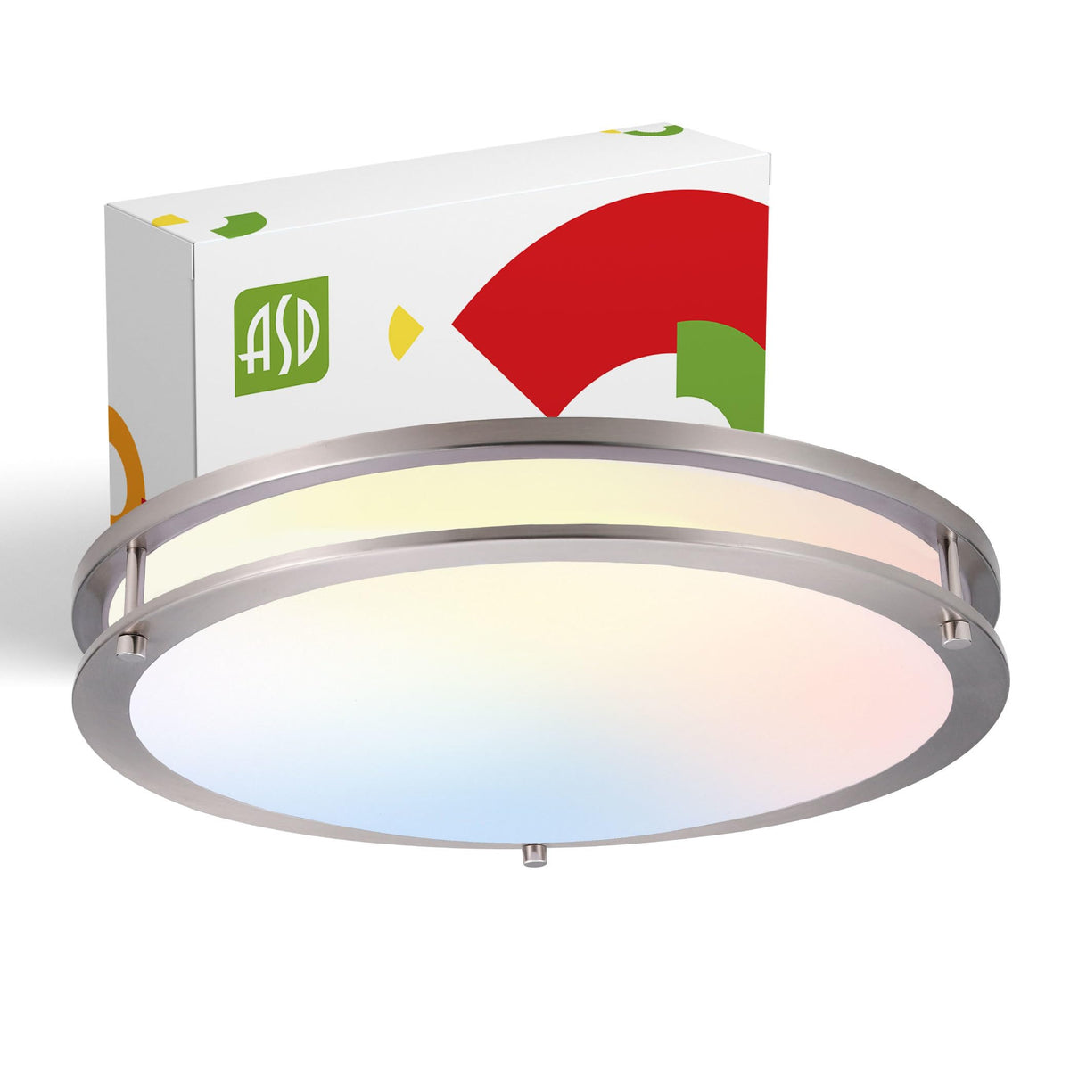 ASD LED 18-inch round flush mount nickel double-ring front view for sleek ceiling lighting.