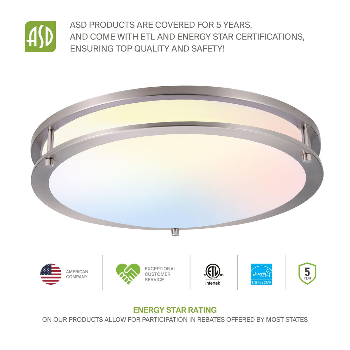 ASD LED 18-inch round flush mount USA-designed with rust-proof components.