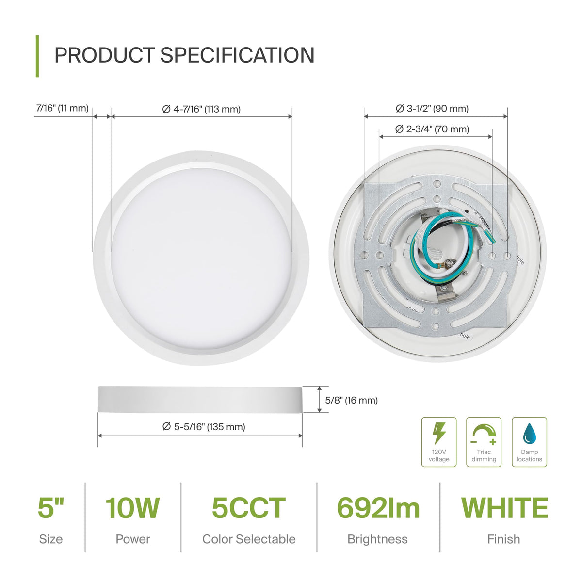 ASD LED 5-Inch Round Flush Mount showing 5CCT color temperature options for mood lighting.