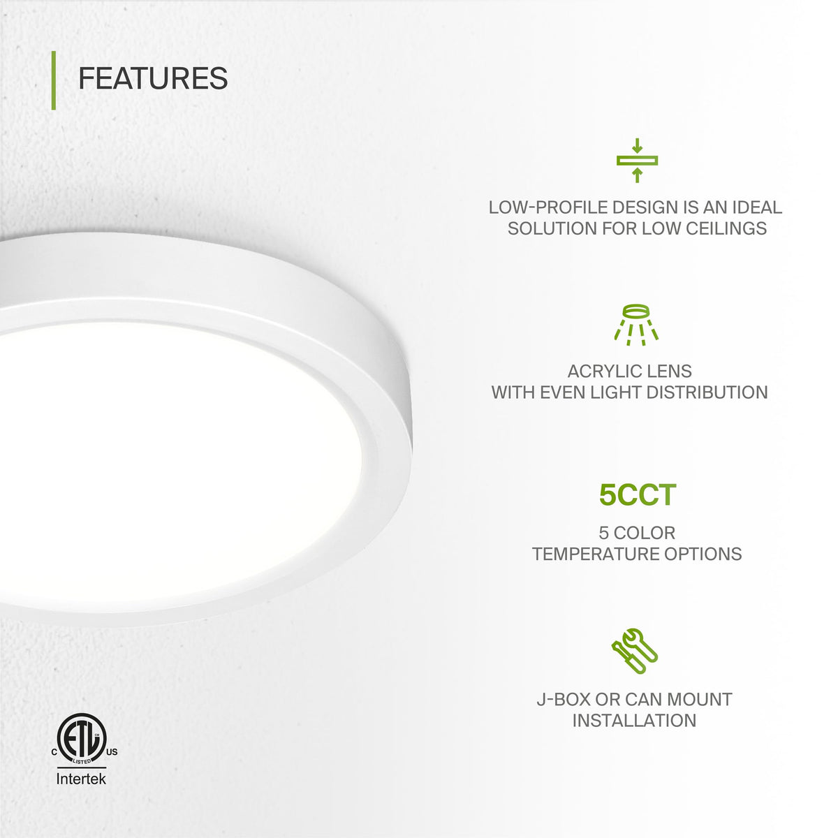 ASD LED 5-Inch Round Flush Mount in dimmable setup for adjustable brightness.