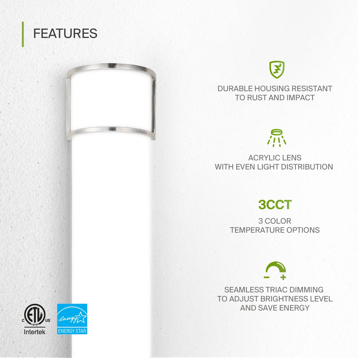Dimmable ASD vanity light with smooth brightness control for any setting.