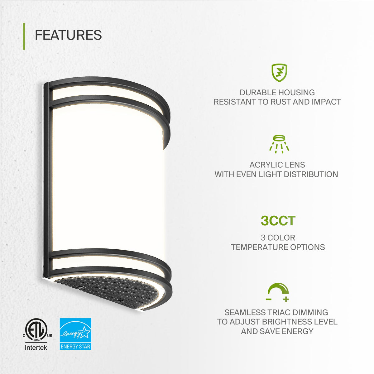 ASD matte black wall sconce with 4000K cool white illumination.