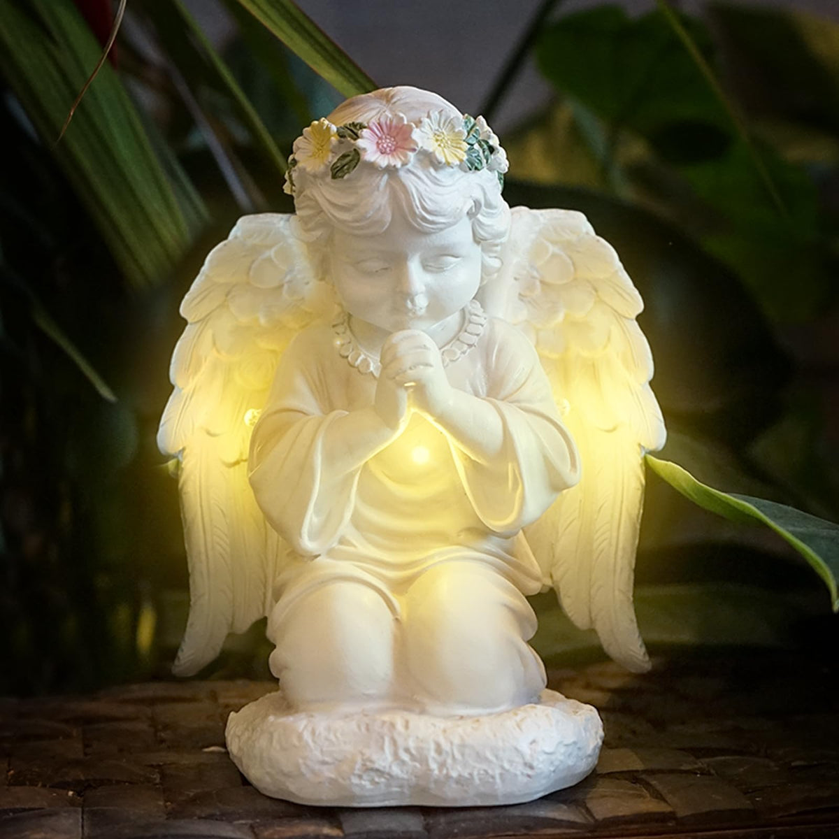 ASDFG outdoor angel statue LED light elevates patio ambiance after dusk.