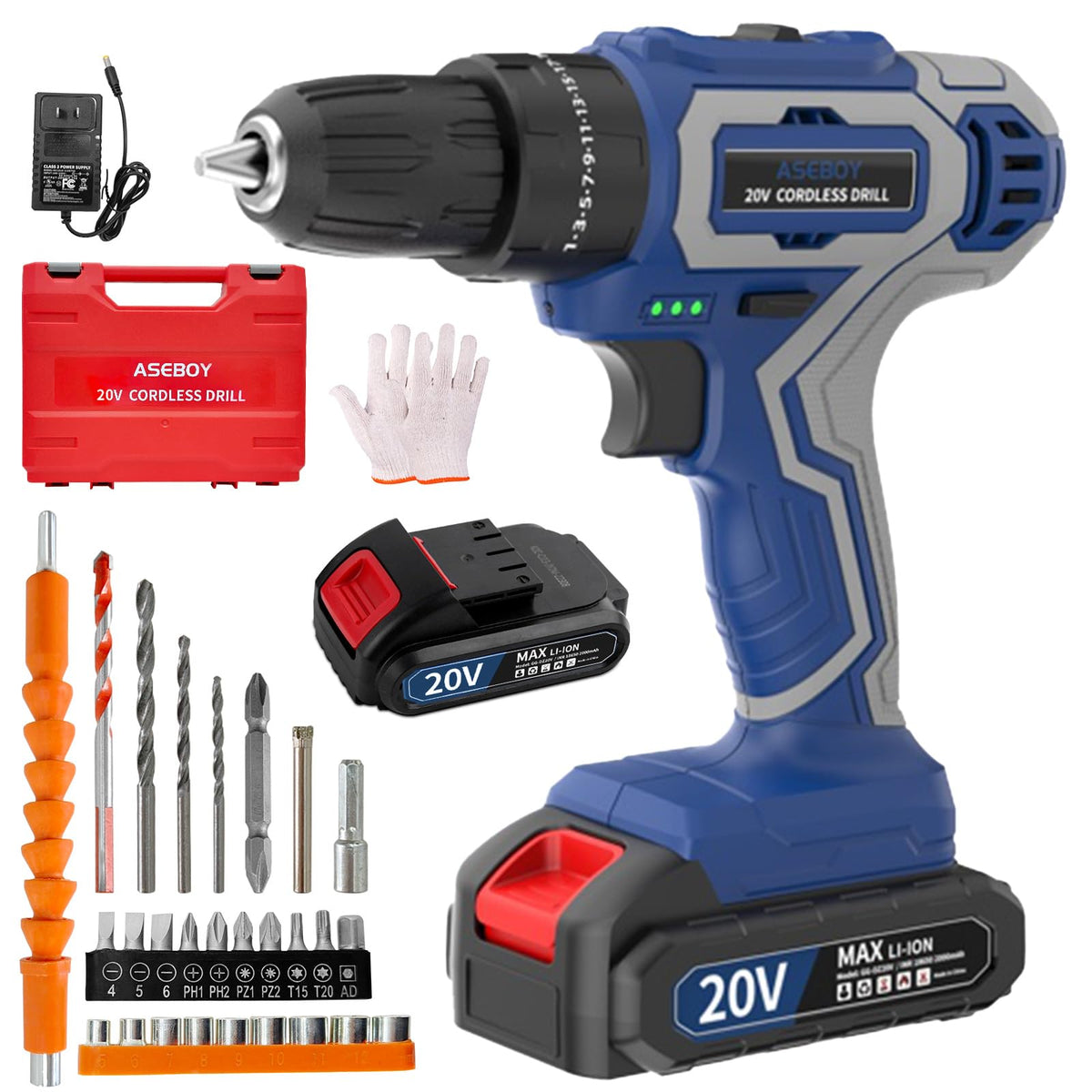 Aseboy 20V cordless drill front view, ideal for quick home assembly and repairs.