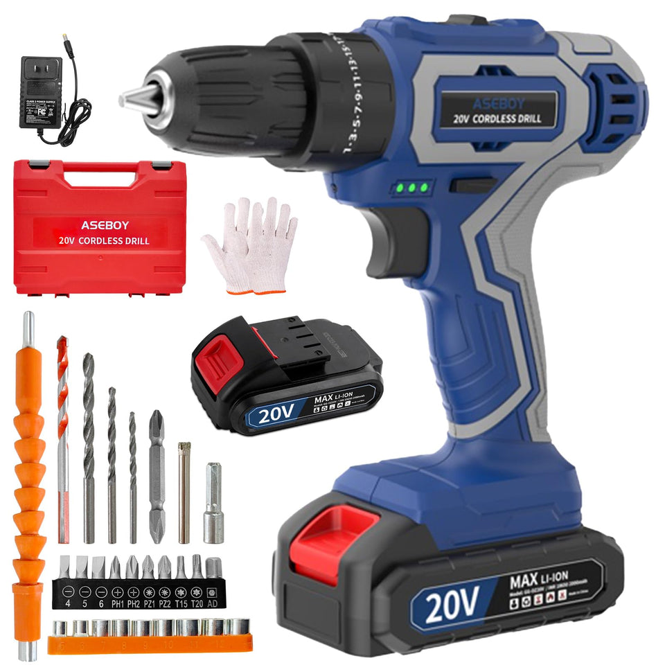 Aseboy 20V cordless drill front view, ideal for quick home assembly and repairs.