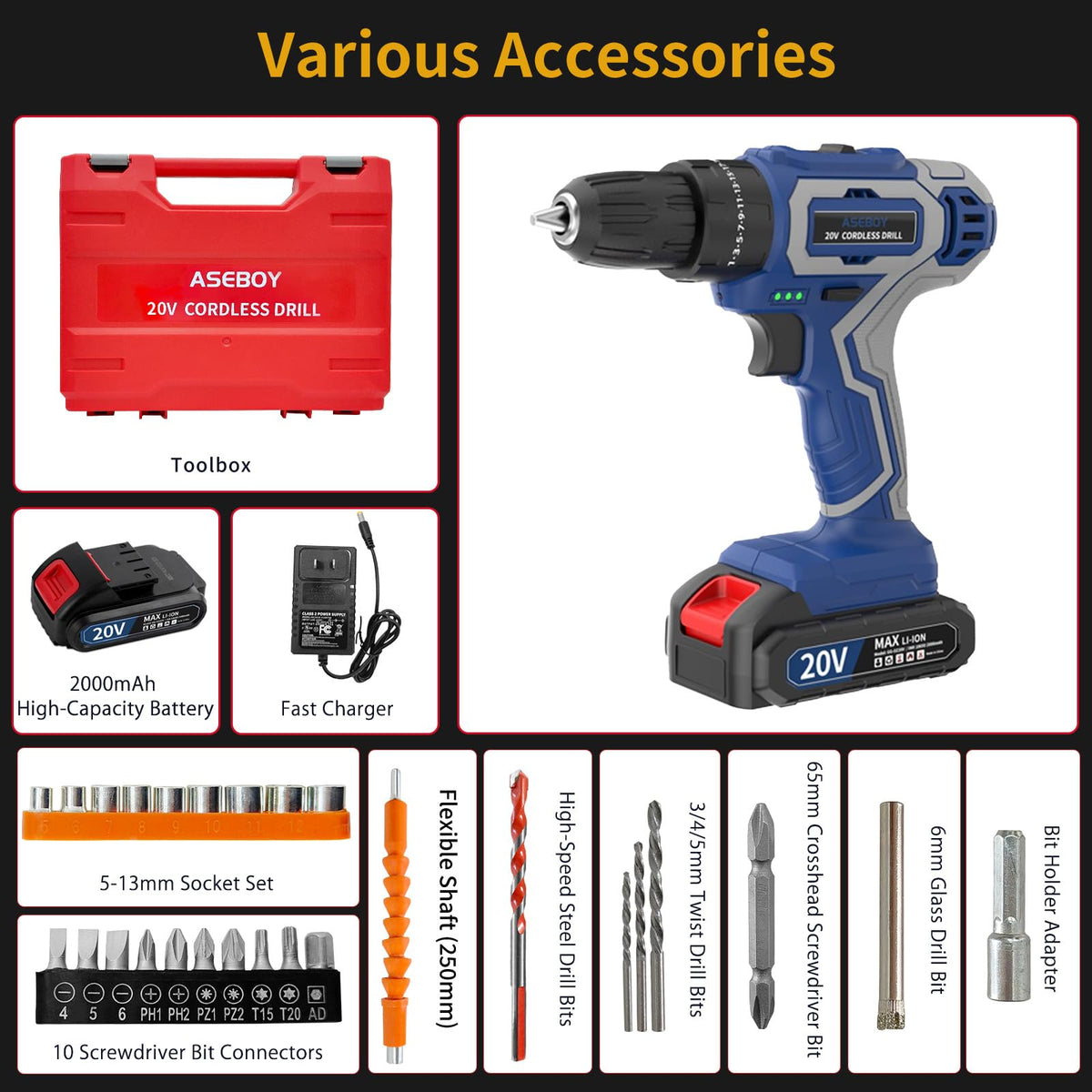Aseboy compact toolbox with drill contents, keeps tools organized for projects.