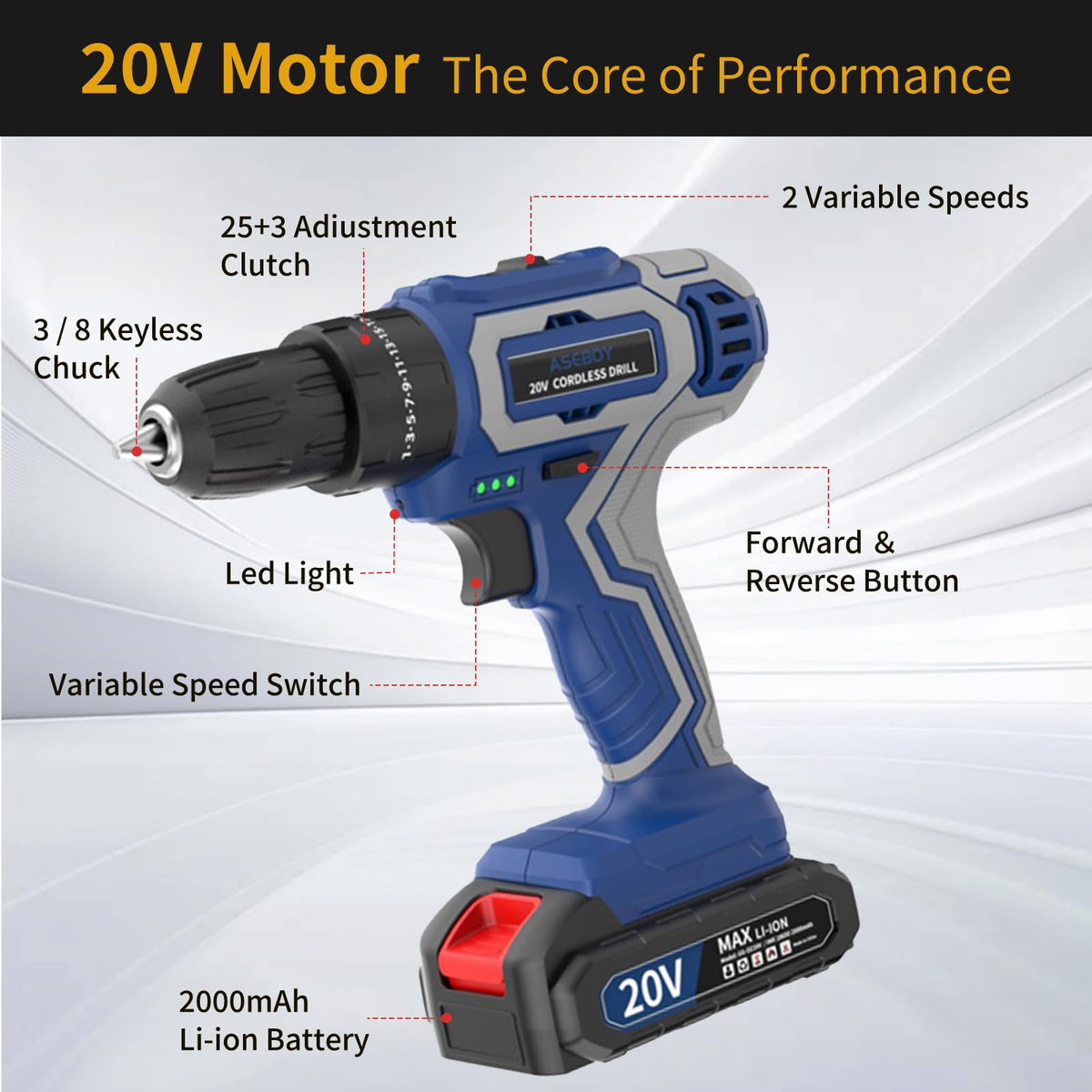 Aseboy drill kit with battery and charger, ready for immediate DIY tasks.