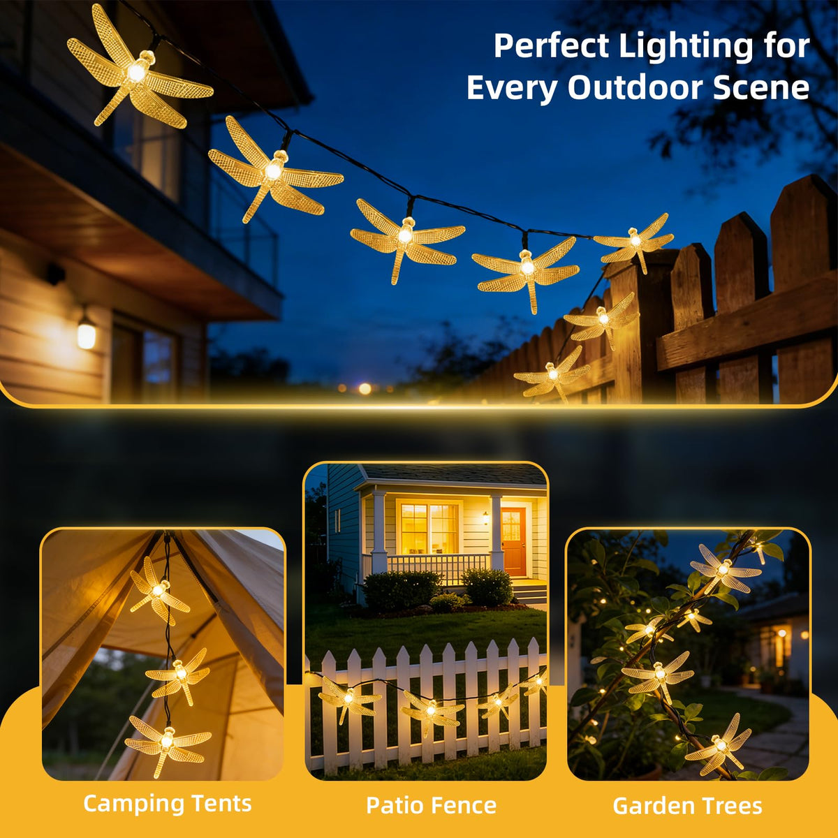 ASFSKY Dragonfly Solar Lights enhance Christmas trees with warm twinkling LEDs.