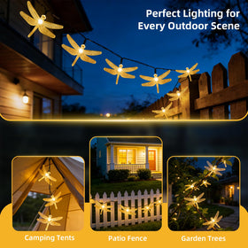 ASFSKY Dragonfly Solar Lights enhance Christmas trees with warm twinkling LEDs.