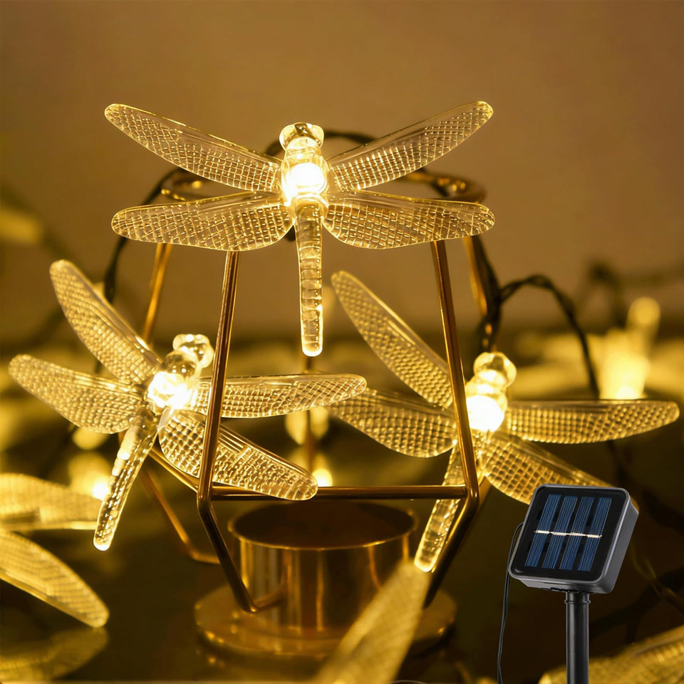 ASFSKY Dragonfly Solar Lights outdoors with 50 LEDs providing warm white ambient lighting.