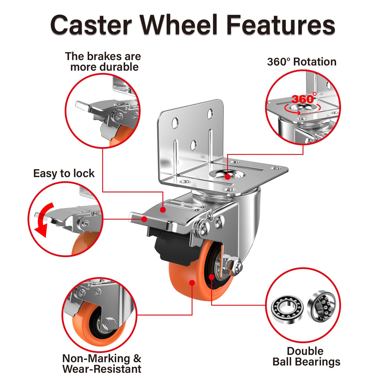 ASHGOOB heavy-duty orange PU wheel for durability and floor-friendly movement.