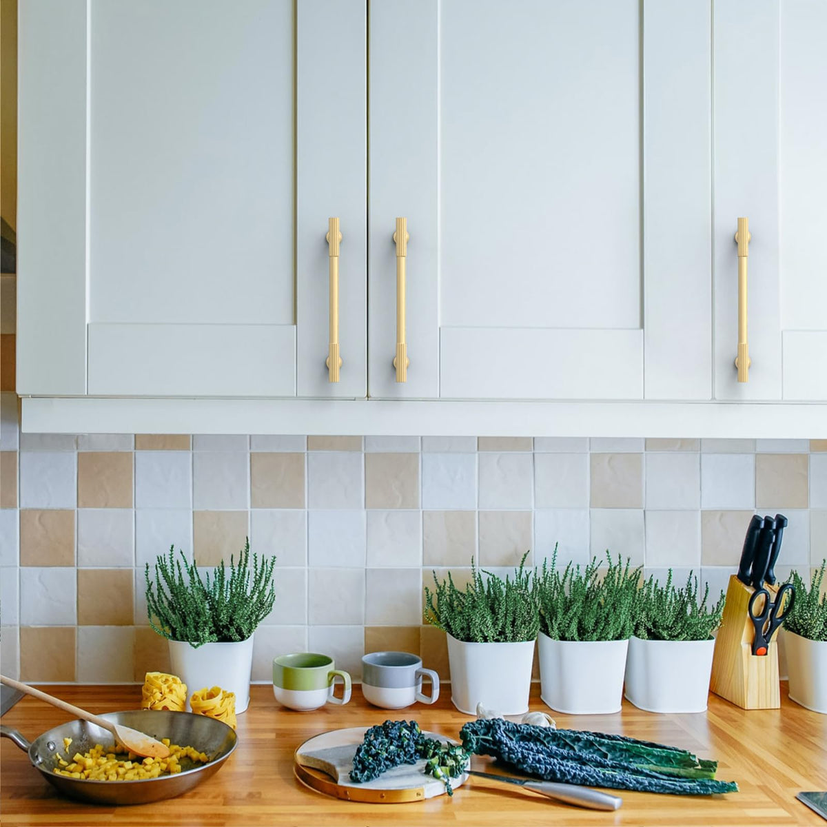Asidrama brushed gold pull complements modern kitchen and vanity cabinets