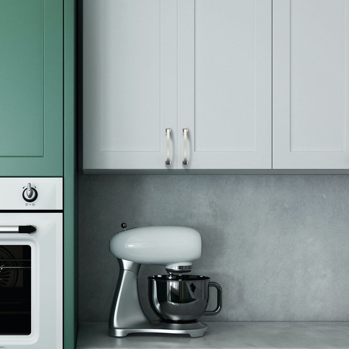 Brushed satin nickel finish on Asidrama pulls delivers durable, contemporary style
