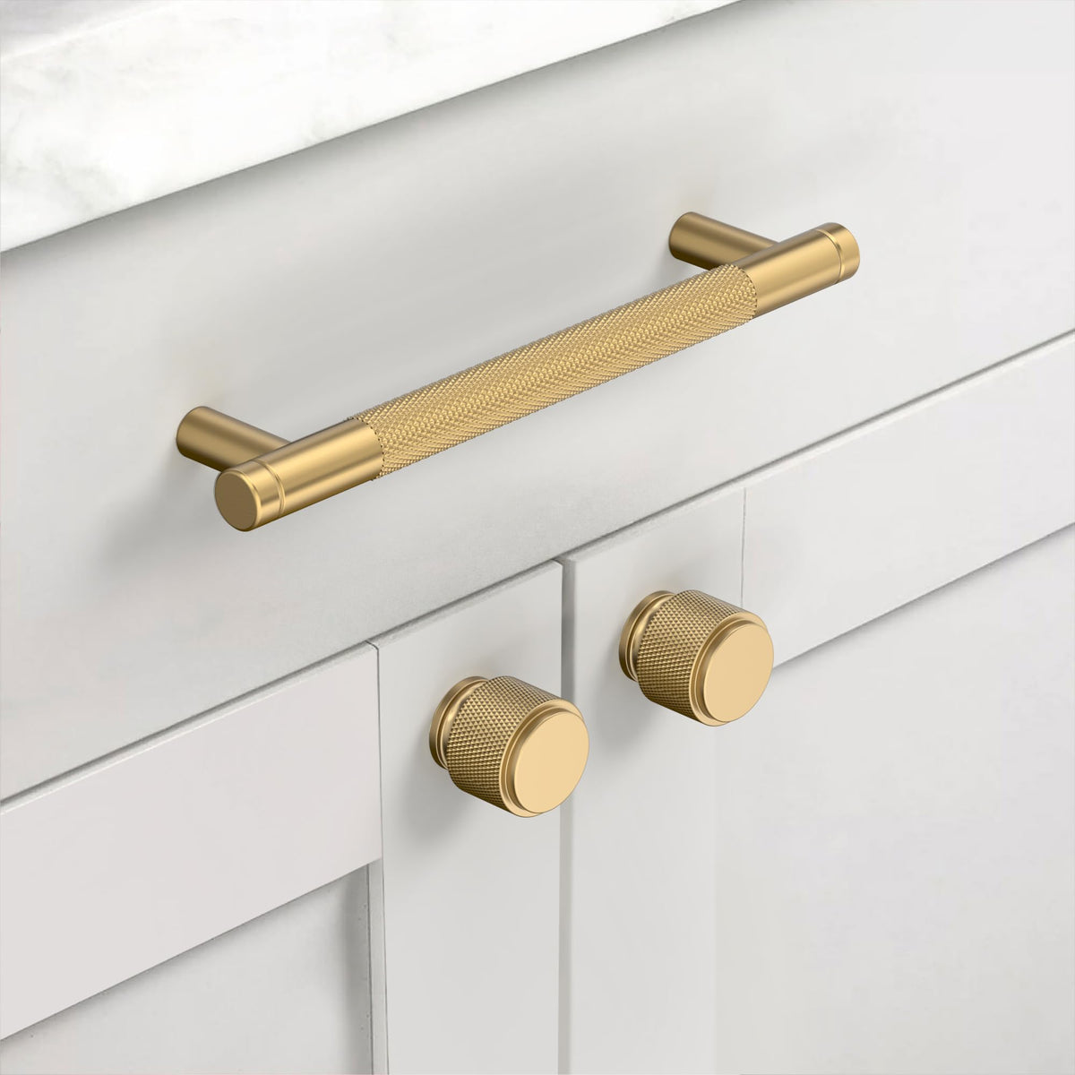 Asidrama knurled drawer pull in champagne bronze enhances accessibility and style.
