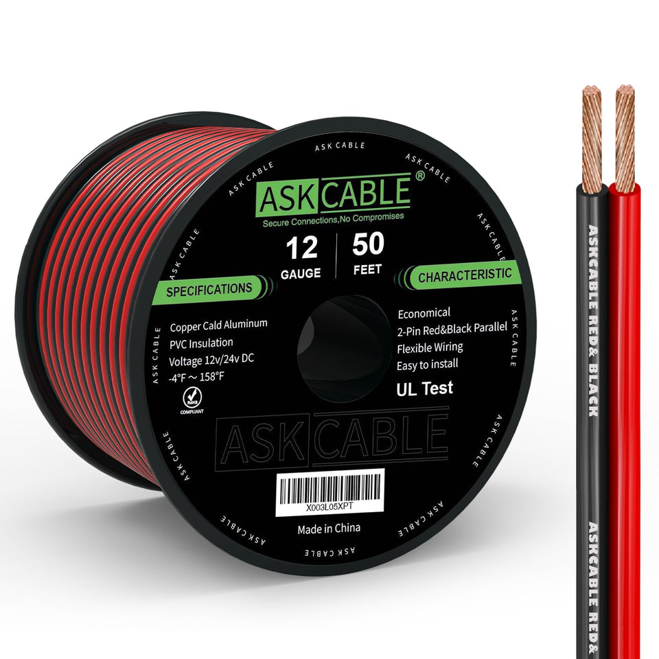 Askcable 12 AWG red and black wire on a 50 ft spool for easy dispensing