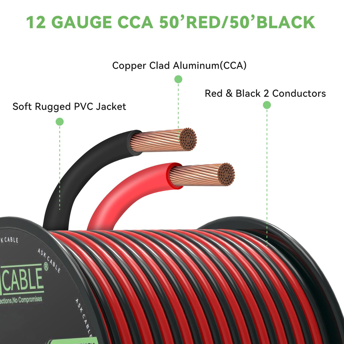 Askcable dual-conductor red and black jacketed wire with clear polarity colors