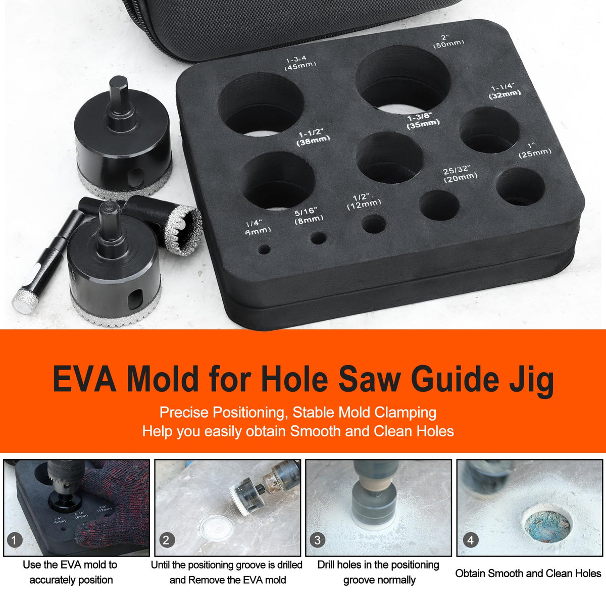 ASNOMY multi-tooth diamond bits produce sharp, chip-free holes.