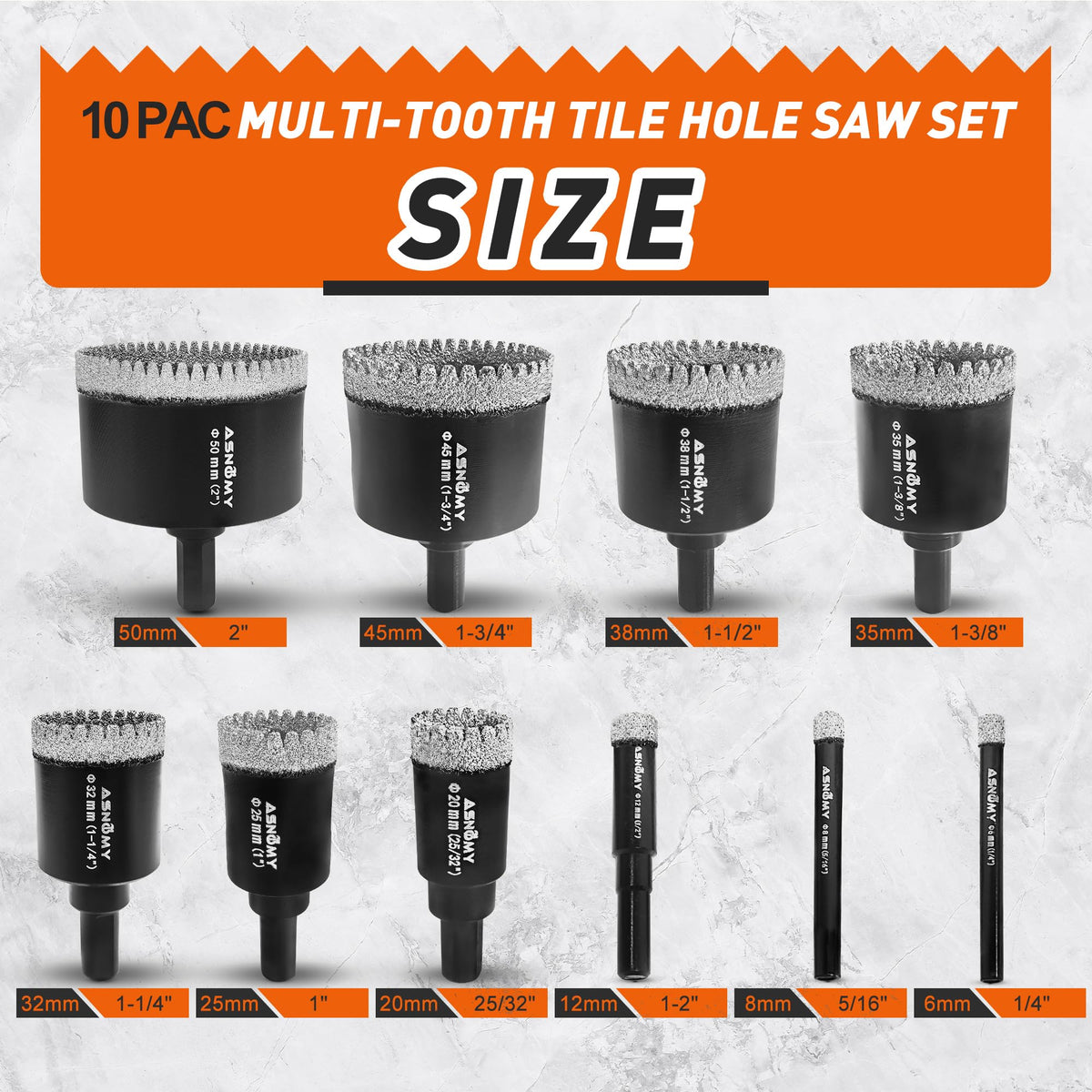 ASNOMY hole saws with serrated teeth for faster, cleaner cuts.
