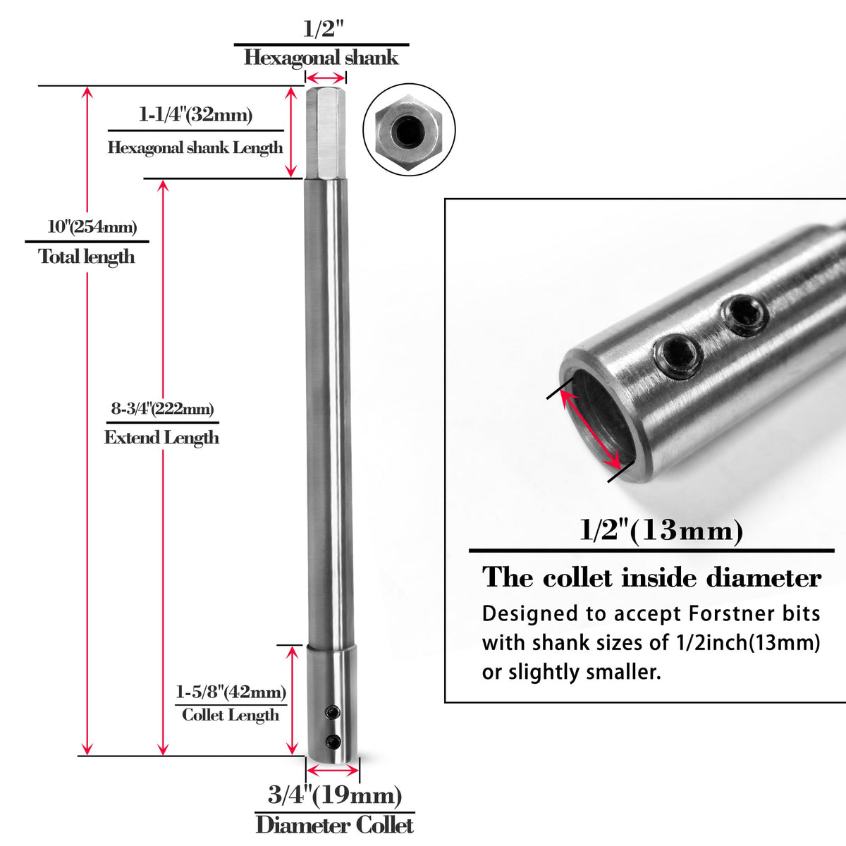 ASNOMY extension showing 1/2-inch shank compatibility for standard bits.