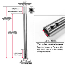 ASNOMY extension showing 1/2-inch shank compatibility for standard bits.
