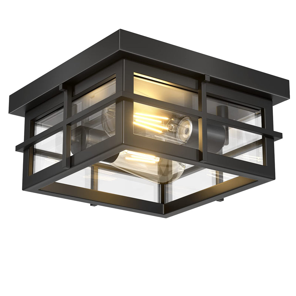Asnxcju outdoor ceiling light with square metal frame and clear glass, enhances porch ambiance.