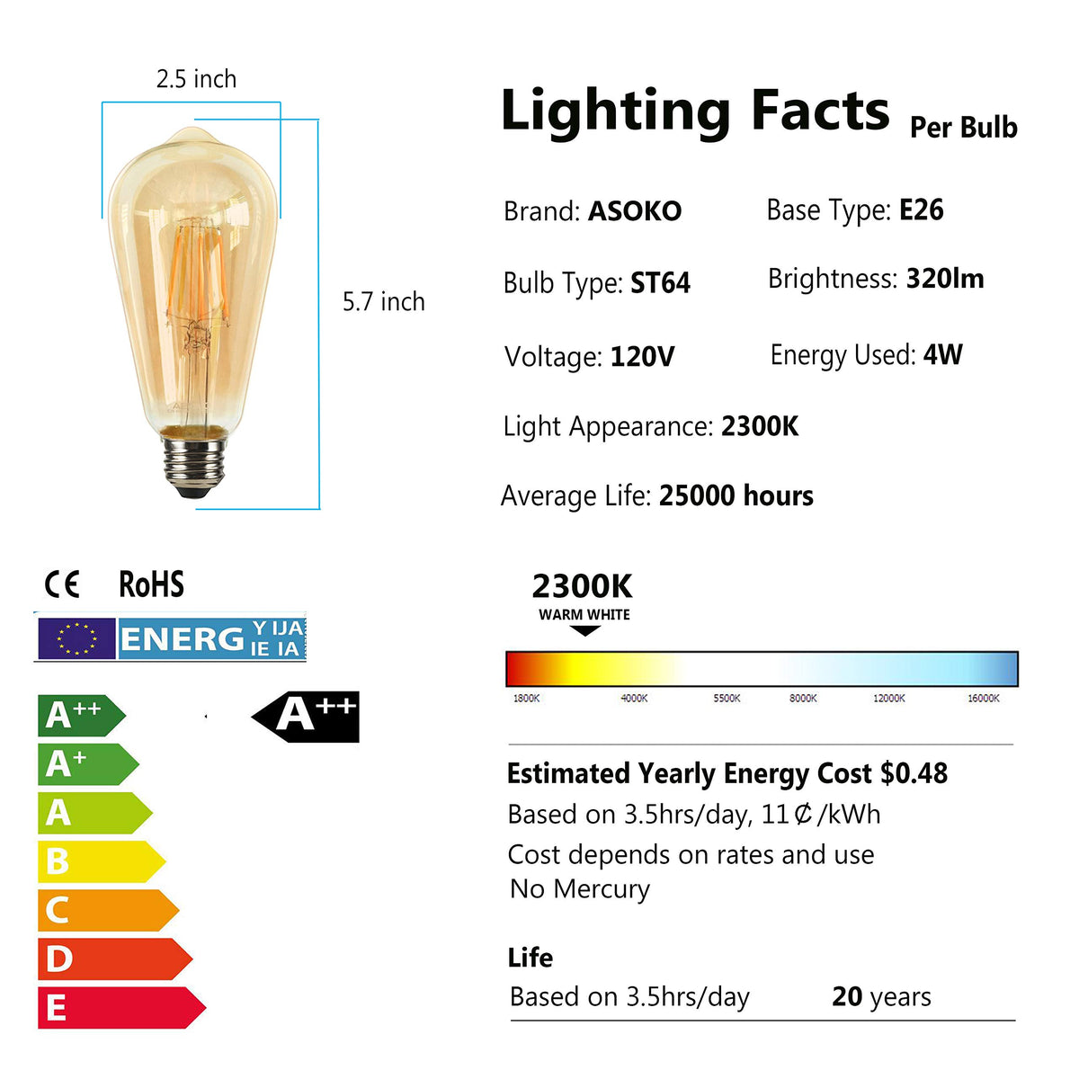ASOKO 2300K Edison LED bulb for flicker-free dimming.