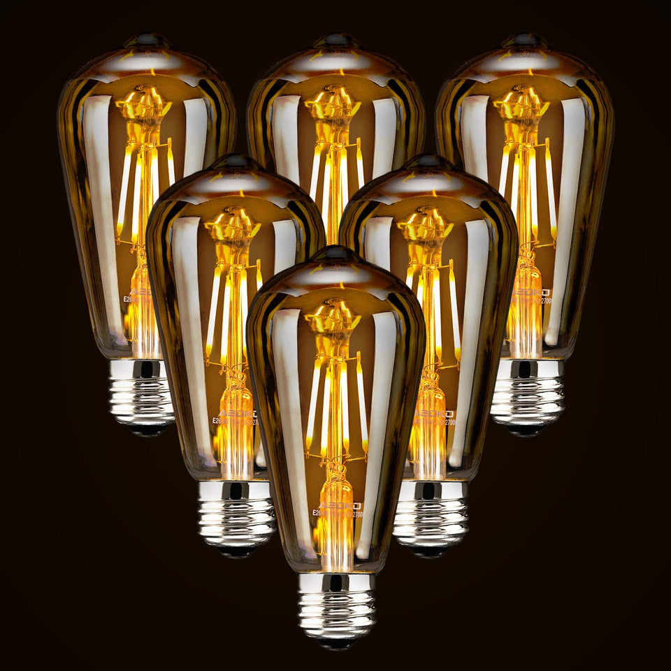 ASOKO amber glass Edison bulbs in a 6-pack with warm, inviting illumination.