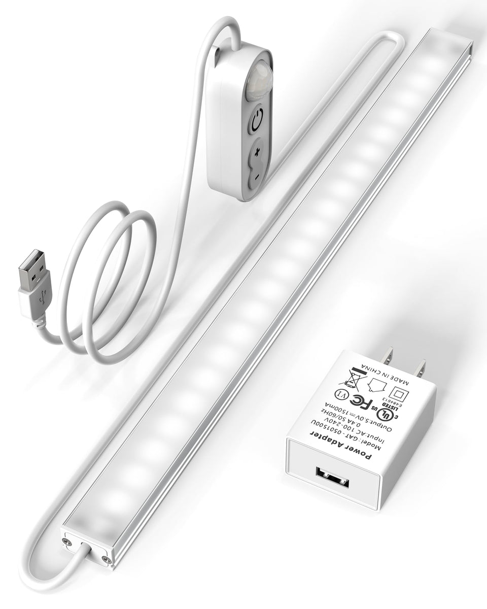 ASOKO motion sensor under-cabinet LED light with 12-inch bar for hands-free illumination.