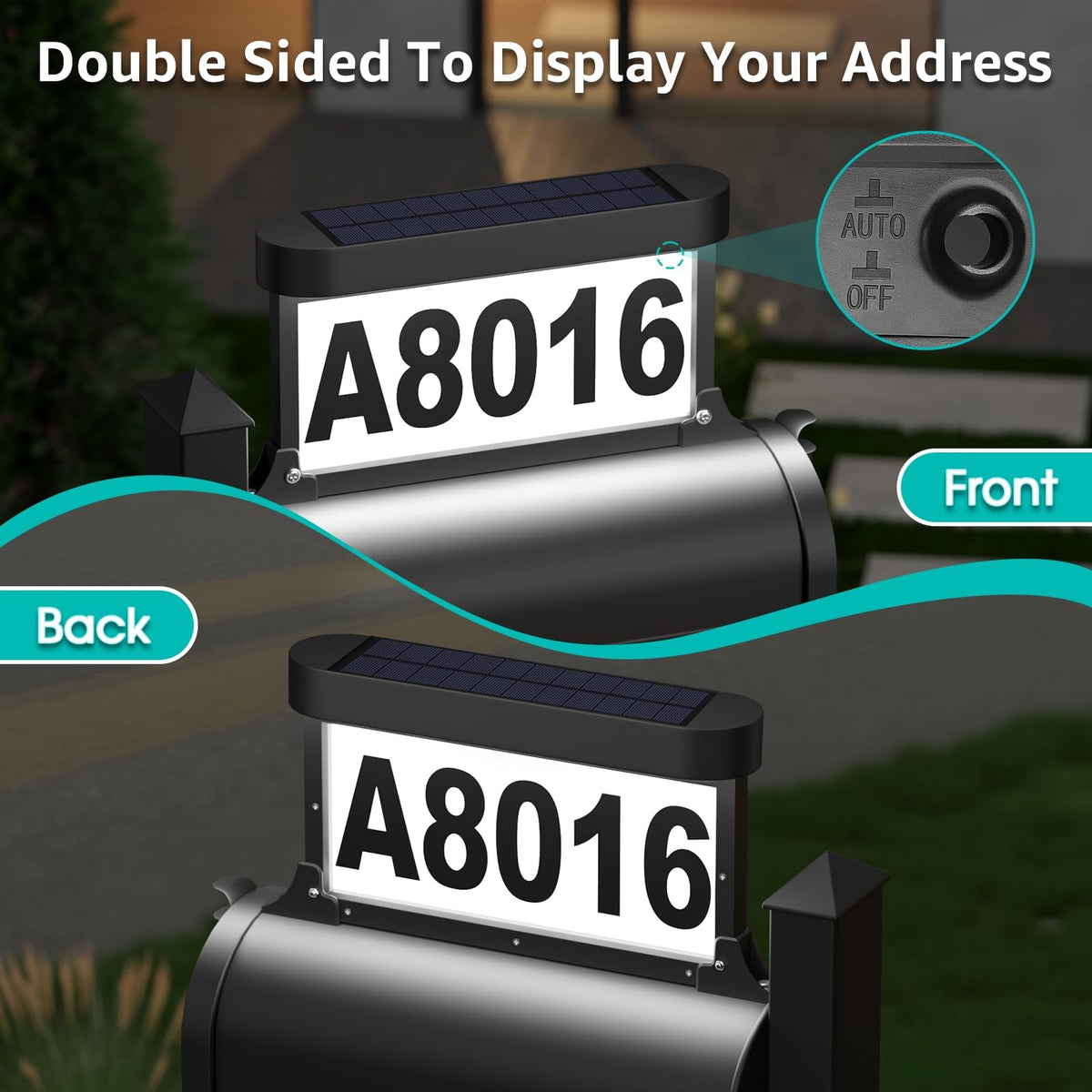 ASOMST mailbox number plaque illuminated for easy nighttime finding.