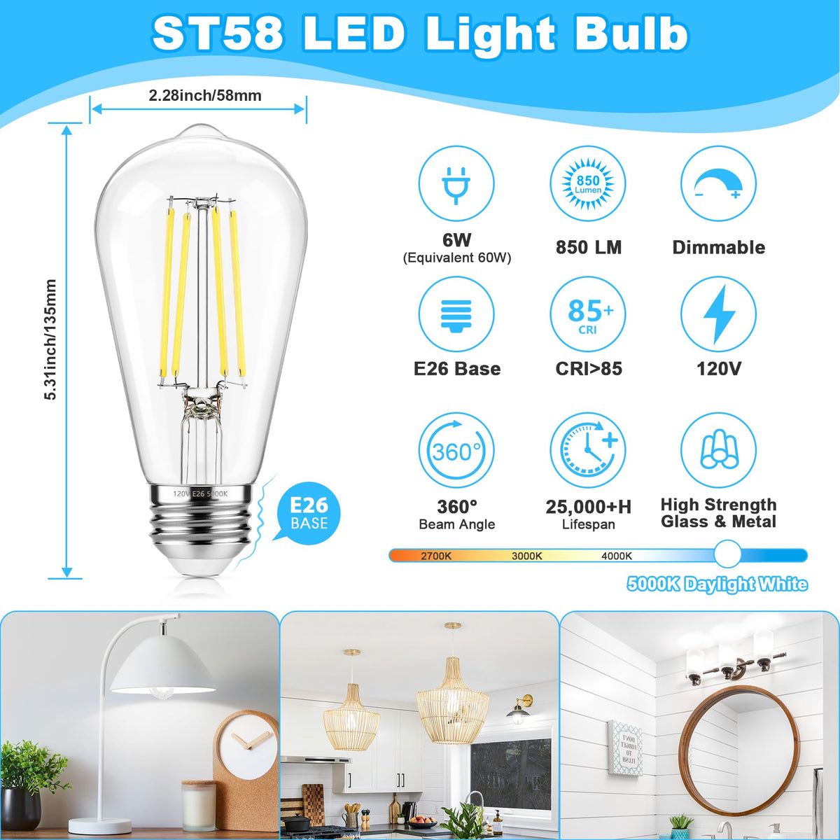 ASOMST ST58 dimmable filament bulb with glass finish for vintage chandeliers