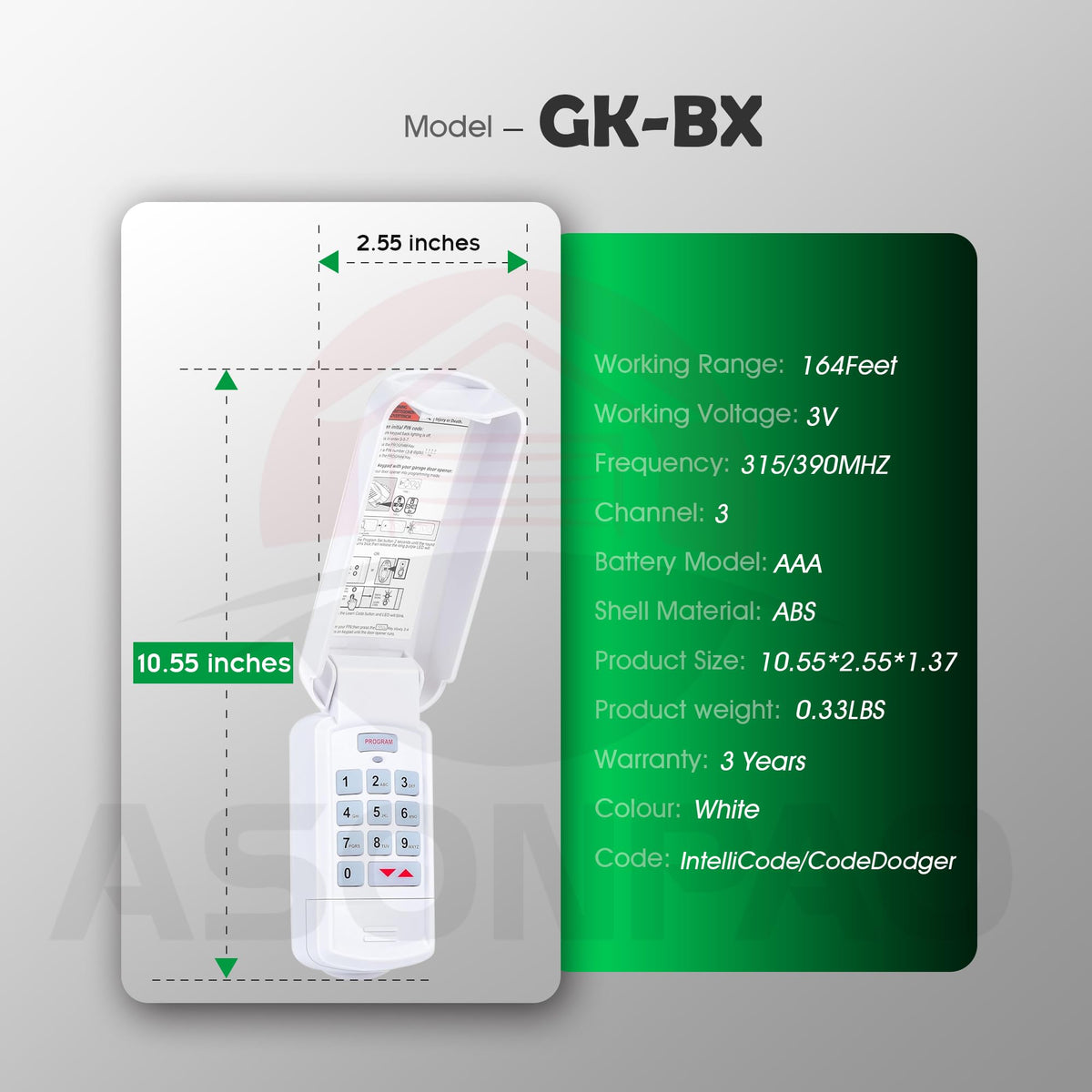 ASONPAO GK-BX keypad shown with Genie compatibility and quick pairing.