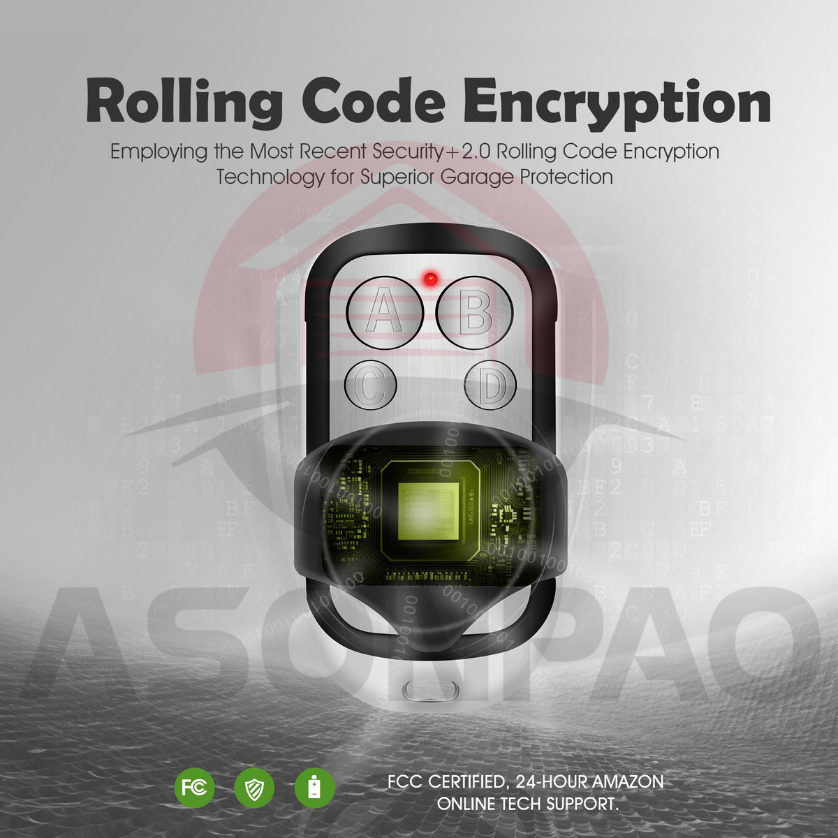 ASONPAO LiftMaster remote battery compartment opened for easy replacement.