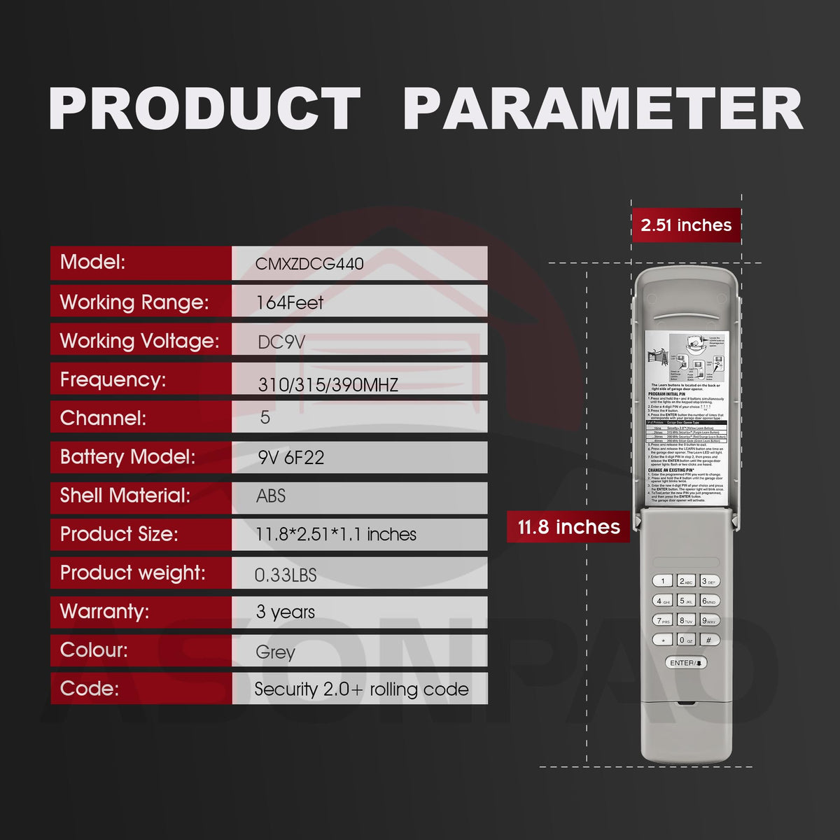 ASONPAO three-year warranty badge and support information