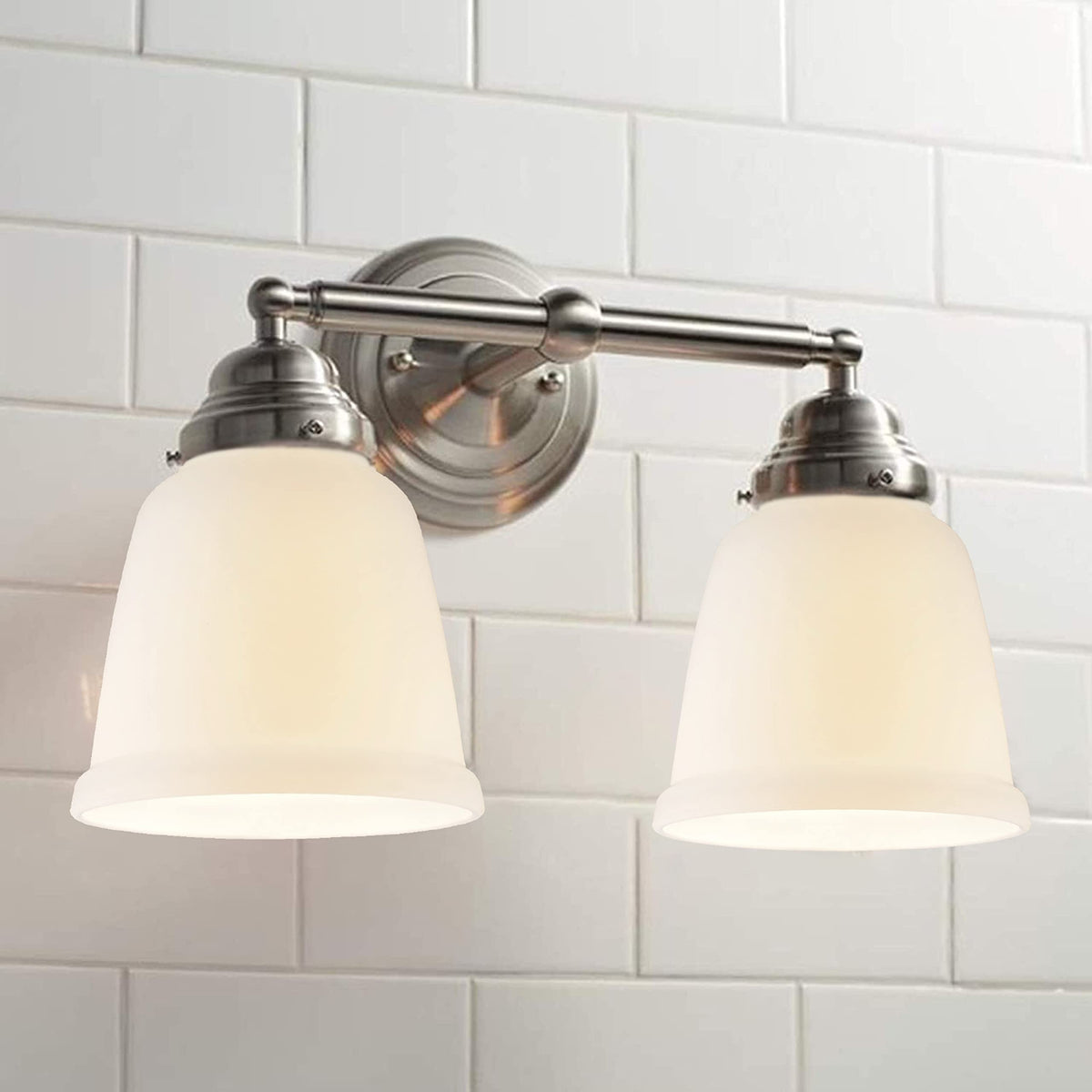 Durable frosted glass shade with transitional style for bathrooms and living spaces.