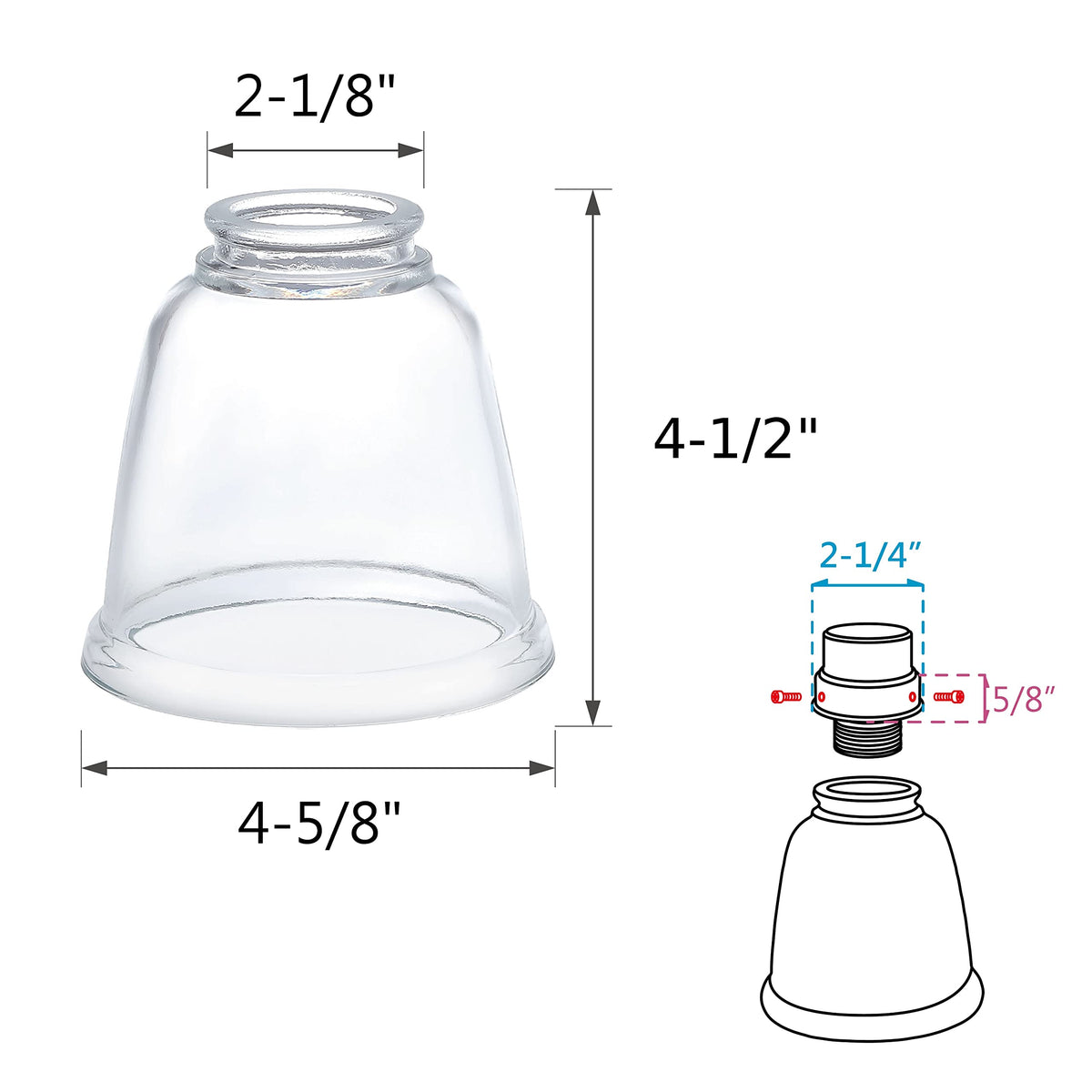 Aspen Creative 23127-4 fits 2-1/8 inch fitter glass shade for upgrade.