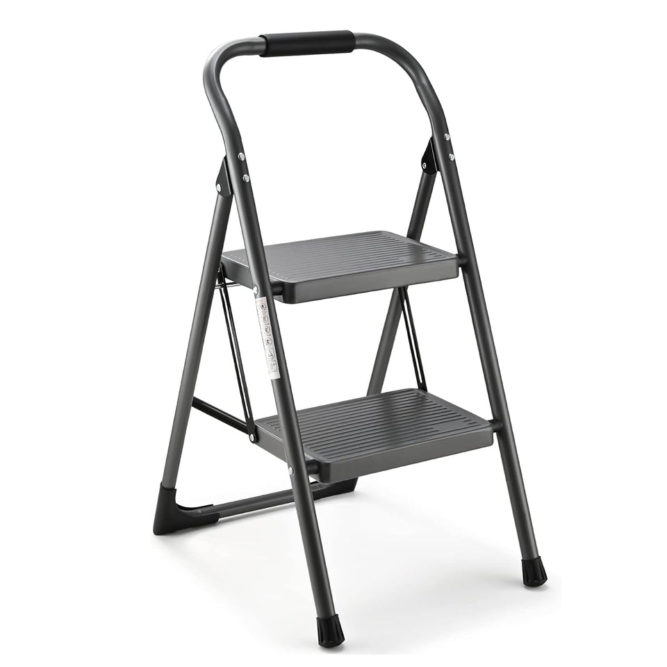 ASPERLAD 2-step folding gray stool for compact storage and stable reach.