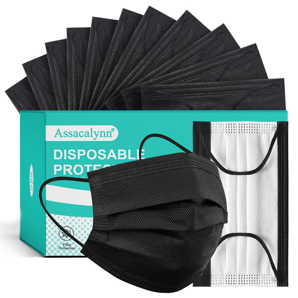 Assacalynn black disposable mask 4-ply close-up highlights breathable fabric for daily wear