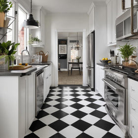 Asstinous checkered tiles in bathroom floor with water-resistant design and stylish look.