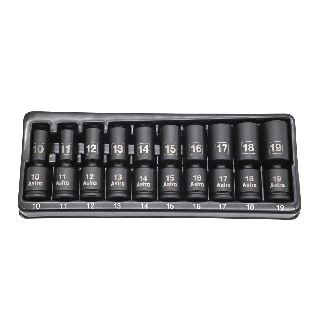 Astro Tools 78344M mid-length pinless universal sockets for 10–19mm metric sizes.