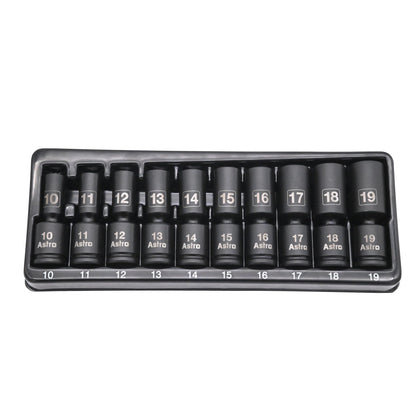 Astro Tools 78344M mid-length pinless universal sockets for 10–19mm metric sizes.