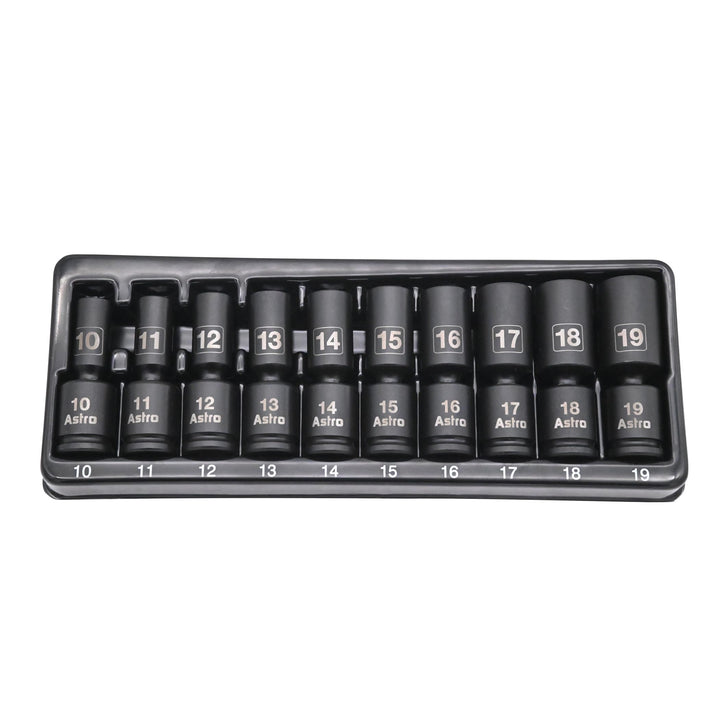 Astro Tools 78344M mid-length pinless universal sockets for 10–19mm metric sizes.