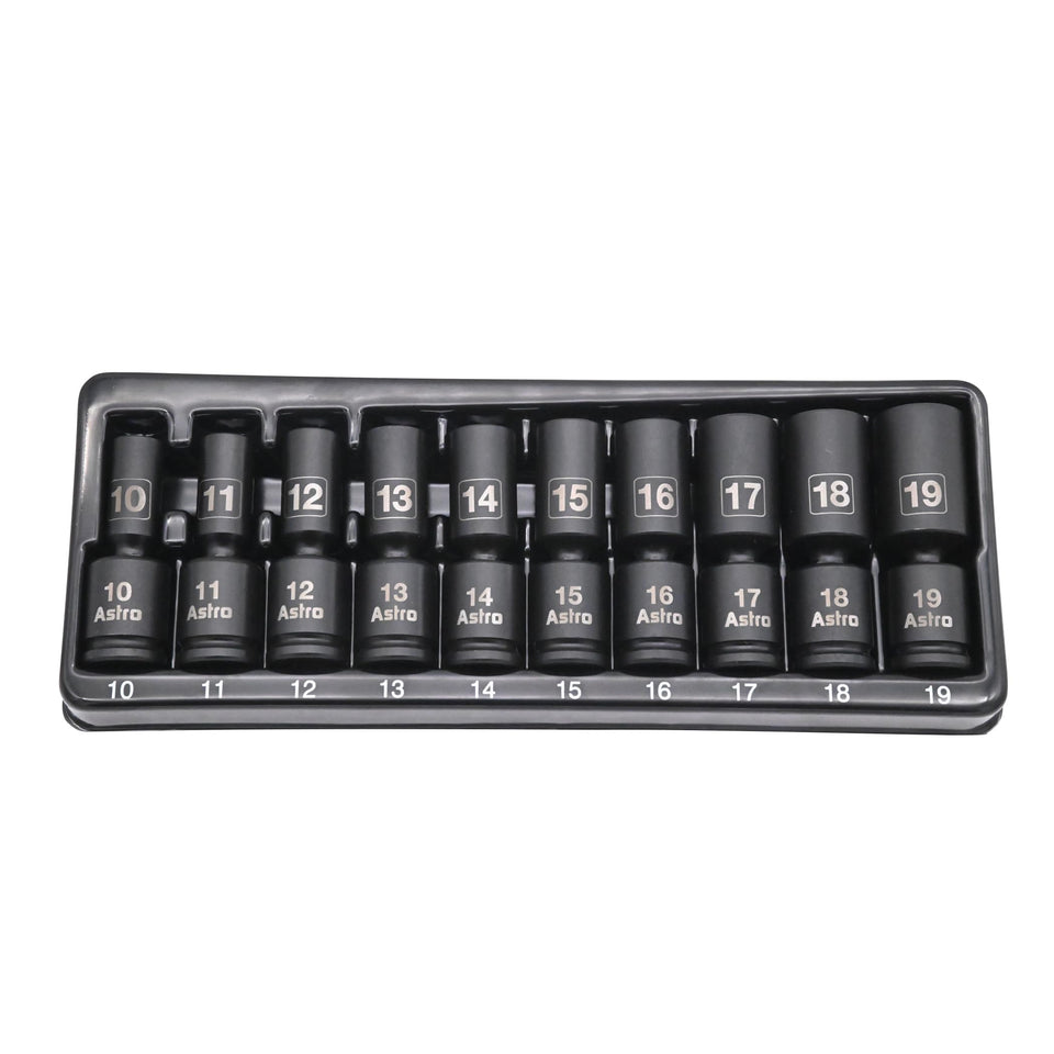 Astro Tools 78344M mid-length pinless universal sockets for 10–19mm metric sizes.