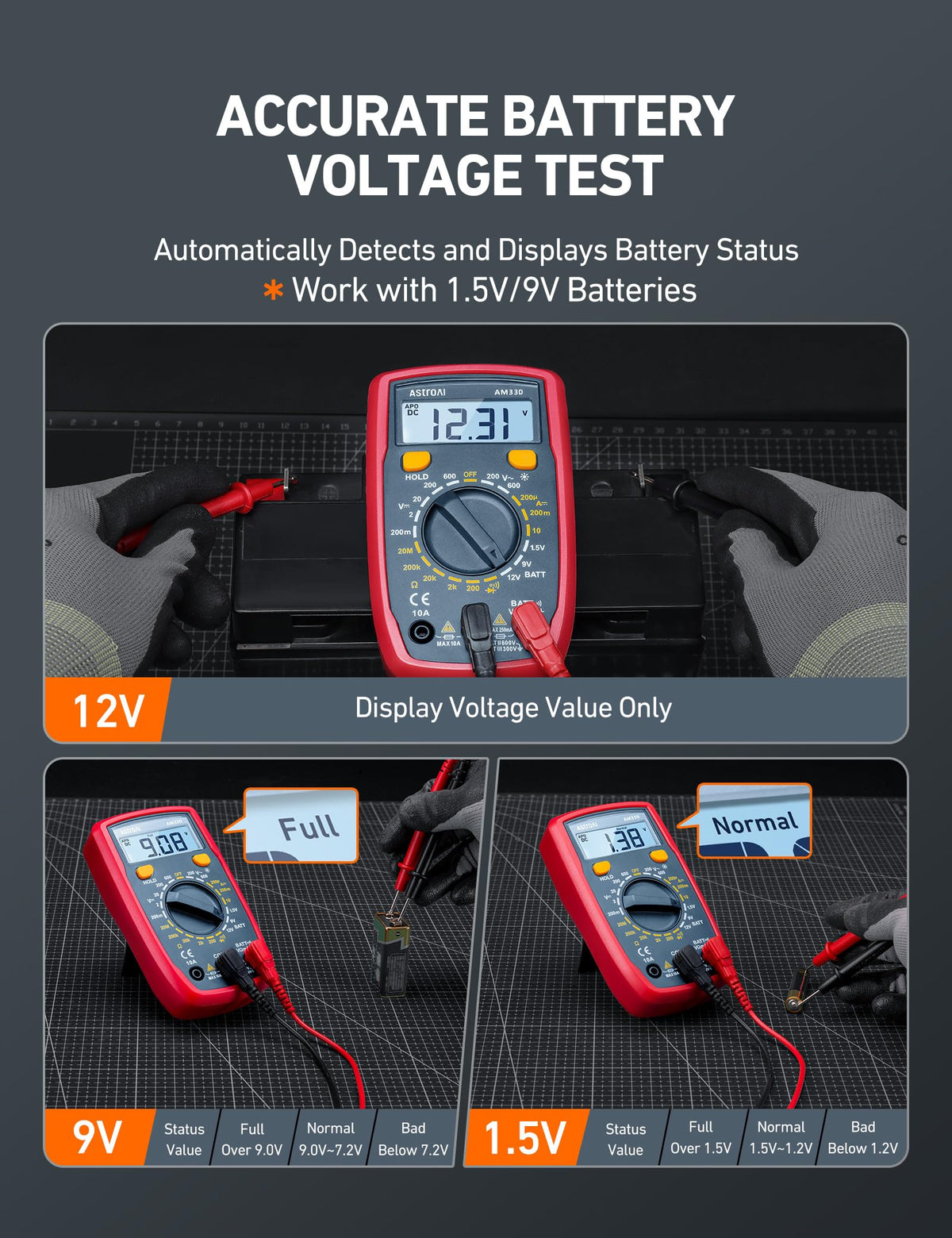 AstroAI digital multimeter backlit display in dim workshop lighting