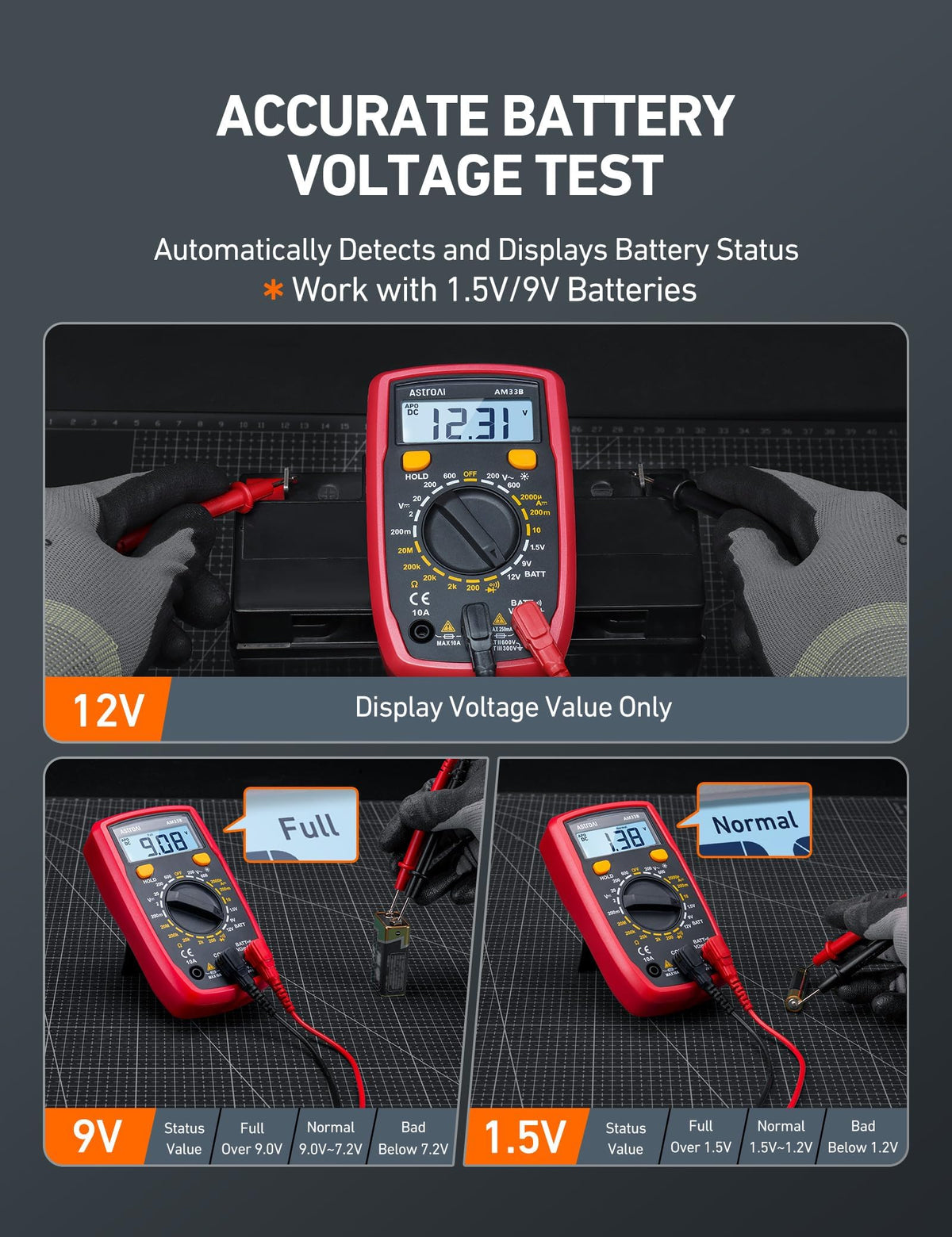 AstroAI Digital Multimeter battery test modes quickly assess 1.5V and 9V cells.