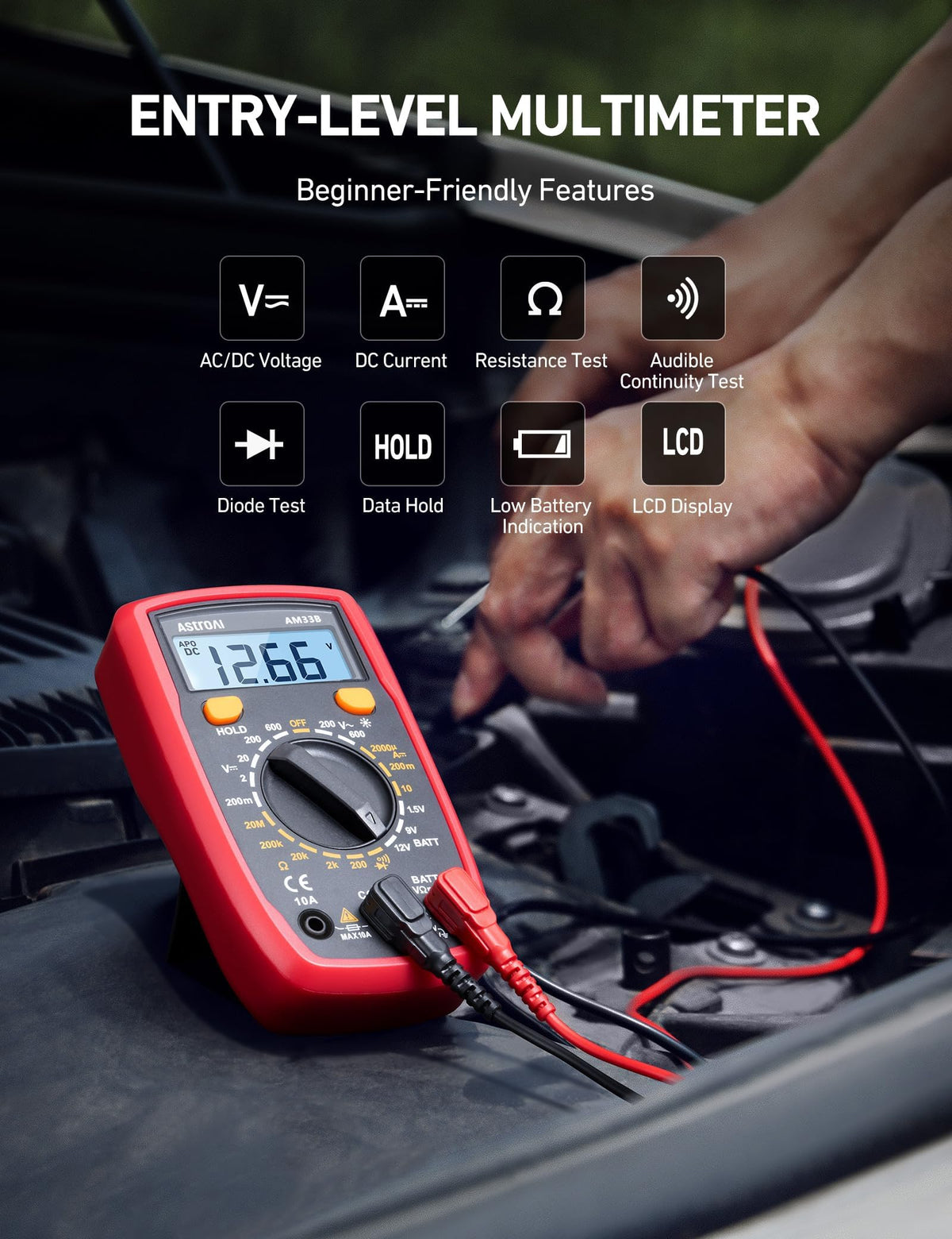 AstroAI Digital Multimeter backlit display enables reading in dim spaces during auto diagnostics.